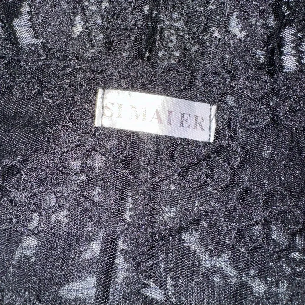 Simaier Solid Black Long Sleeve Sheer Round Neck Lace Floral Swim Coverup size M